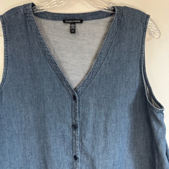 Eileen Fisher 100% Organic Cotton Blue Denim Chambray Long Top Tunic Size Large - Picture 4 of 10